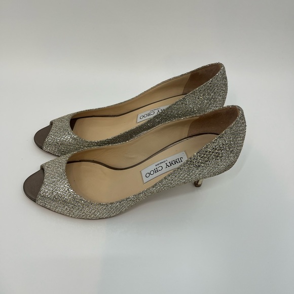 Jimmy Choo Isabel champagne/silver/gold glitter peep toe kitten heel size EU 38 - Picture 4 of 8